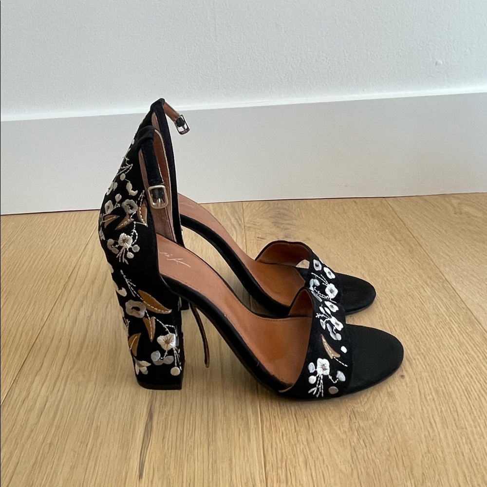 Black Embroidered Block Heels